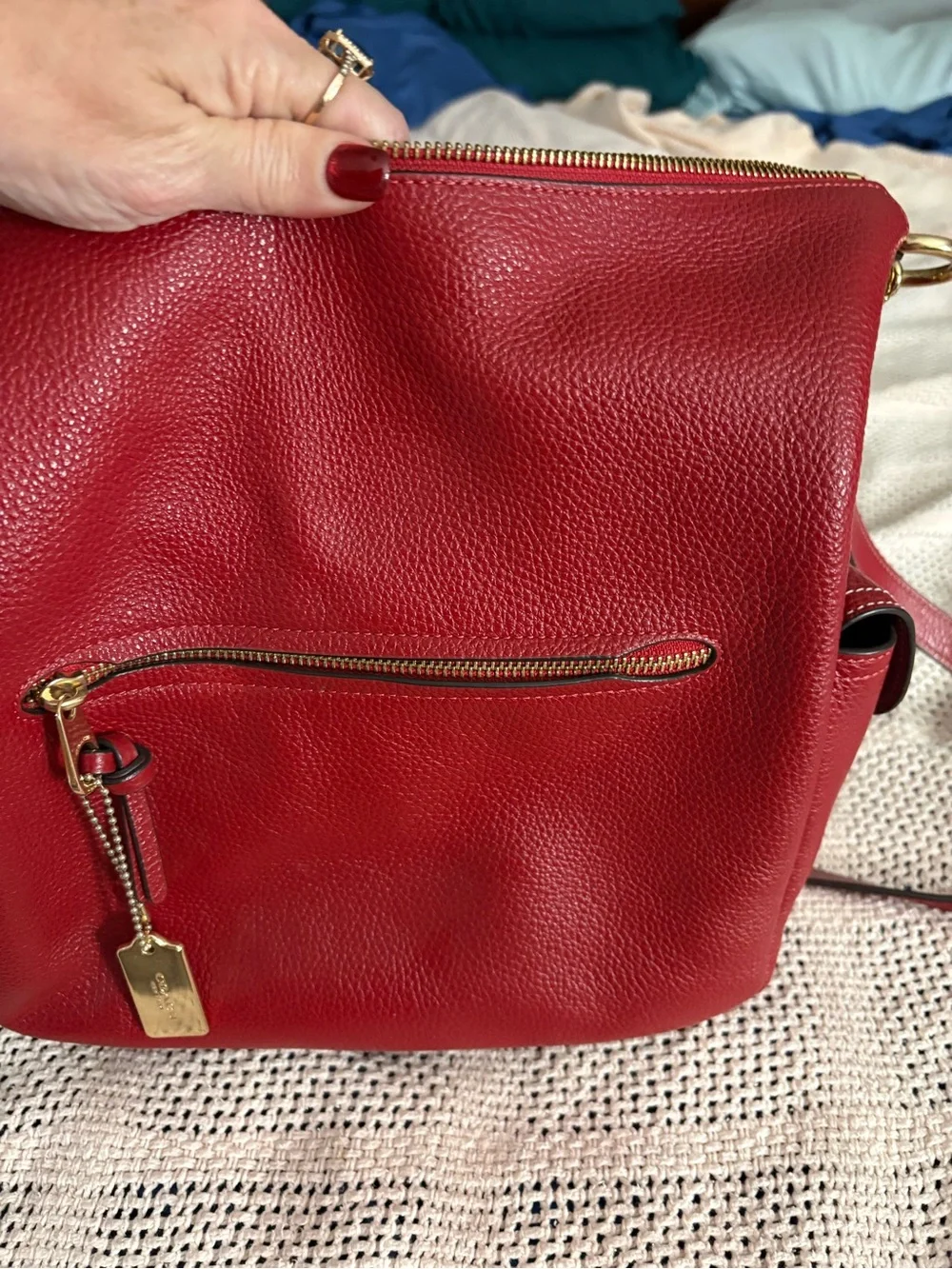 Coach Red Pebbled Leather Shoulder Hobo with Gold Hardware